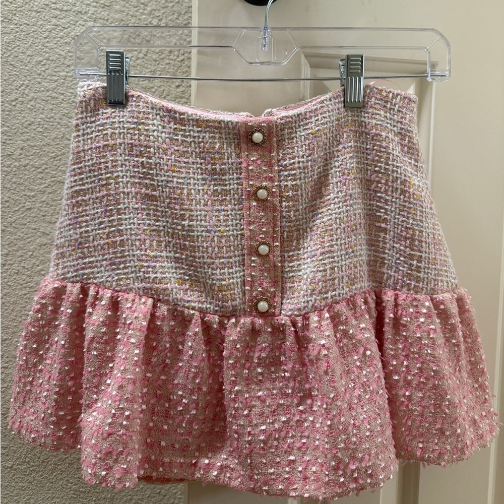 Amanda Uprichard Pink Tweed Skirt with Pearl Buttons